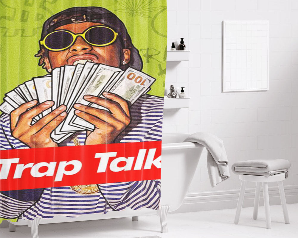Trap Talk Money Cash Rap Gang Bathroom Shower Curtain Fabric Waterproof | 66 X 72 Inch