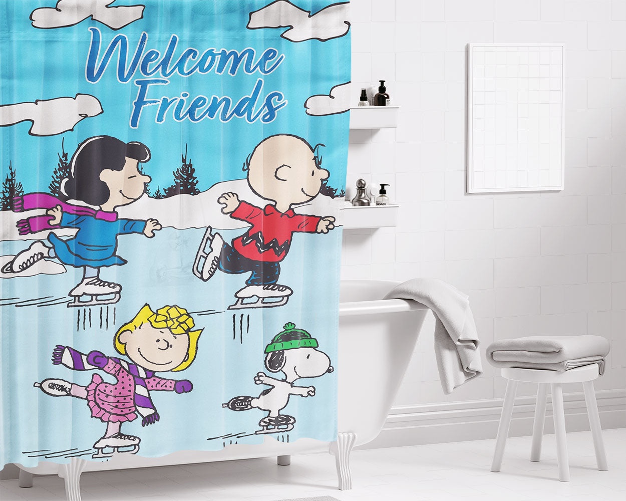 Charlie Brown Peanuts Gang Winter Bathroom Shower Curtain Fabric Waterproof | 66 X 72 Inch