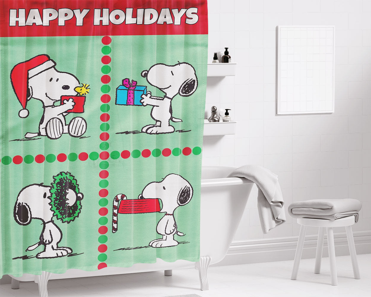 Christmas Scenes Peanuts Holiday Bathroom Shower Curtain Fabric Waterproof | 66 X 72 Inch