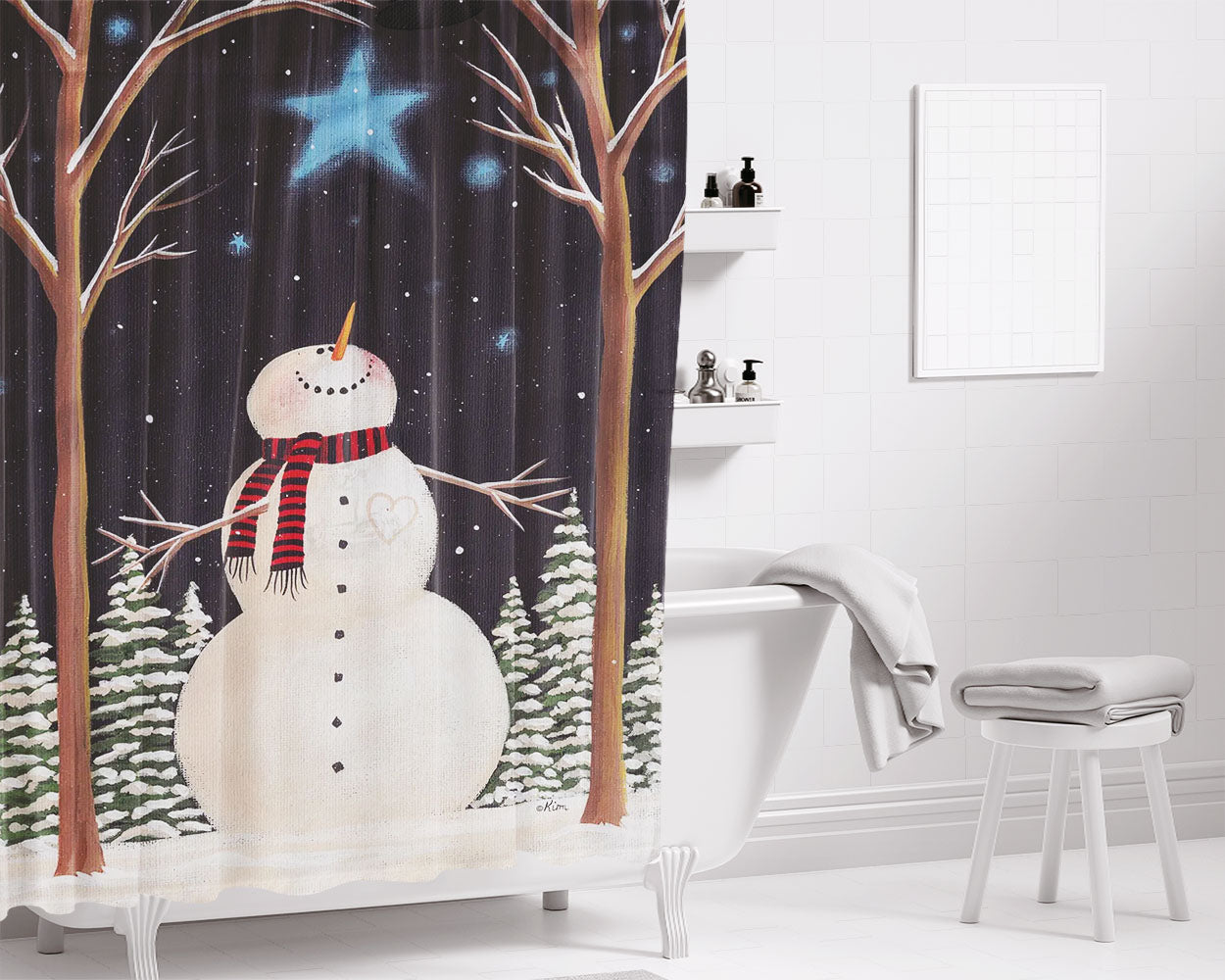 Christmas Snowman Bathroom Shower Curtain Fabric Waterproof | 66 X 72 Inch