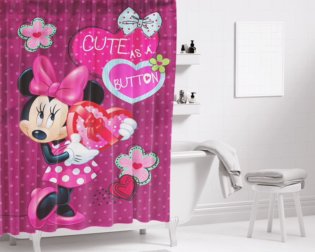 Cute As A Button Minnie Bathroom Shower Curtain Fabric Waterproof | 66 X 72 Inch