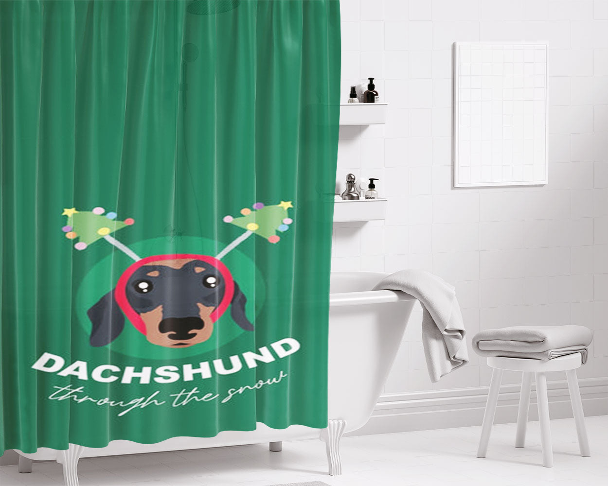Dachshund Through The Snow Bathroom Shower Curtain Fabric Waterproof | 66 X 72 Inch