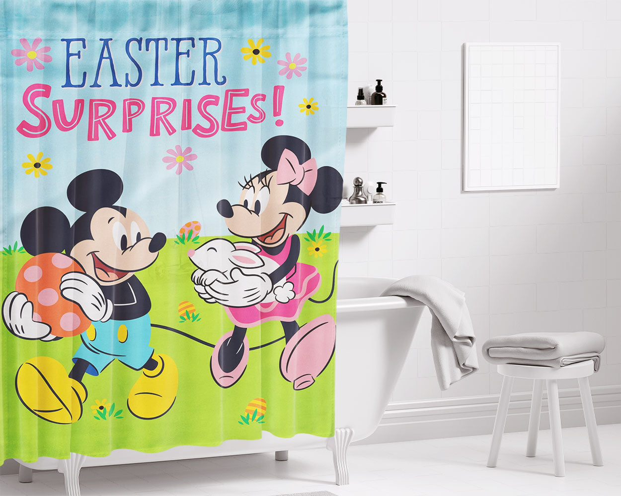 Easter Surprise Mickey And Minnie Bathroom Shower Curtain Fabric Waterproof | 66 X 72 Inch