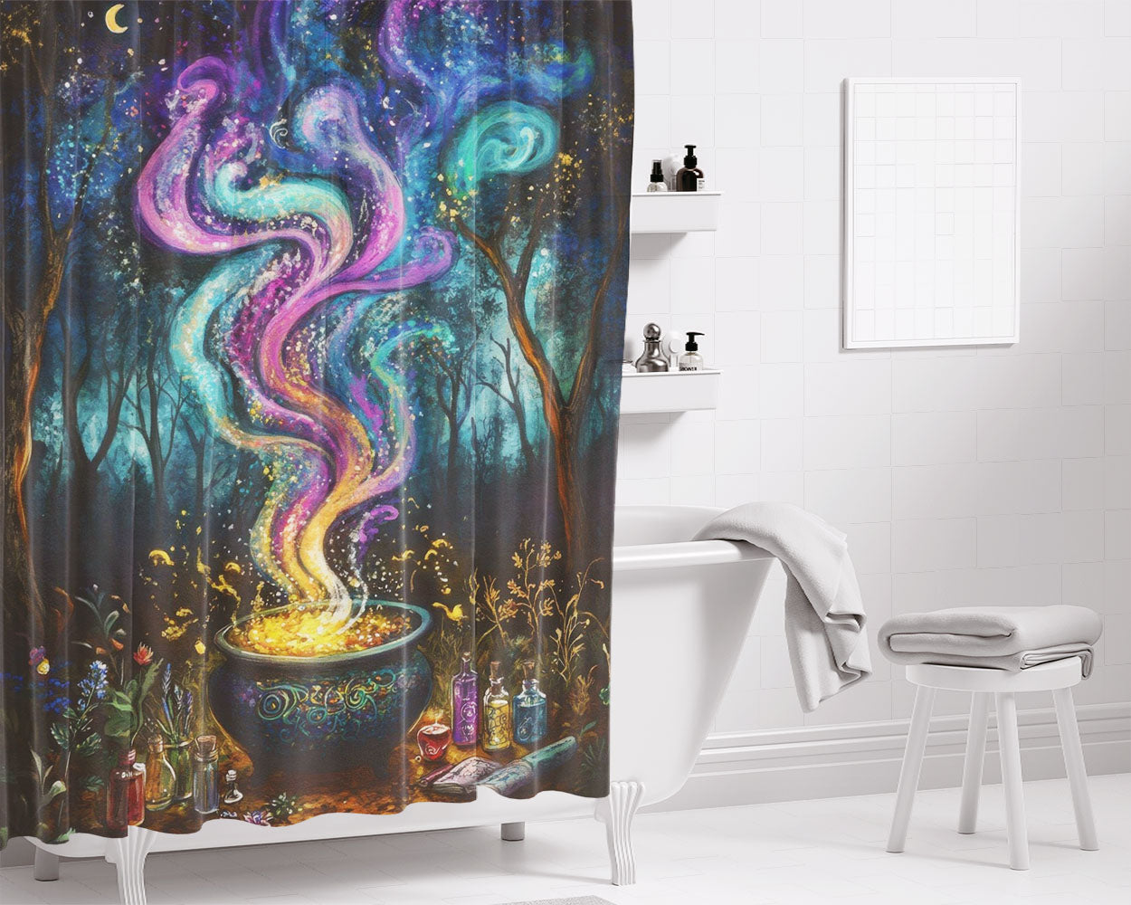 Enchanted Blue Forest Witches Cauldron Bathroom Shower Curtain Fabric Waterproof | 66 X 72 Inch