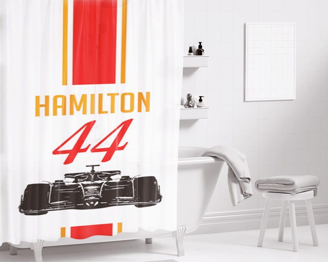 F1 Car Hamilton Bathroom Shower Curtain Fabric Waterproof | 66 X 72 Inch