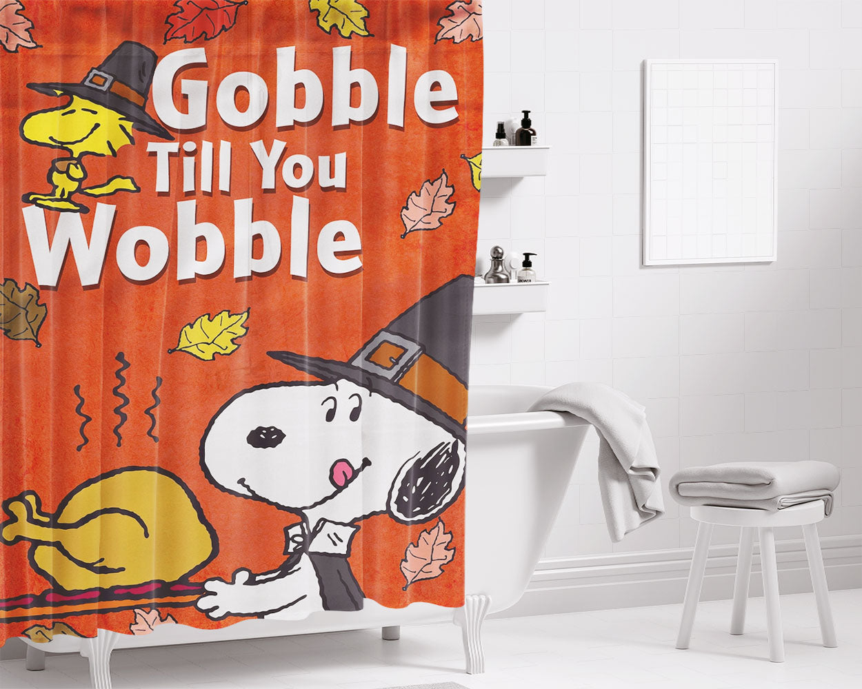 Gobble Till You Wobble Peanuts Bathroom Shower Curtain Fabric Waterproof | 66 X 72 Inch
