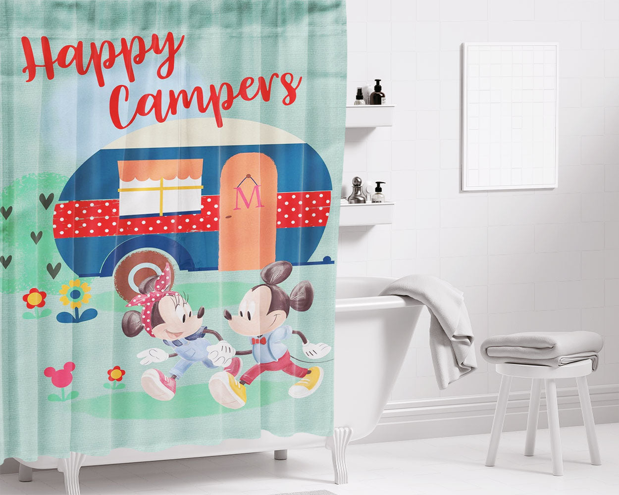 Happy Campers Mickey And Minnie Bathroom Shower Curtain Fabric Waterproof | 66 X 72 Inch