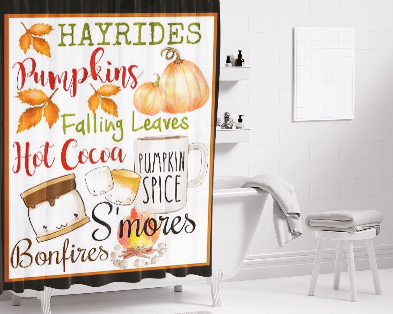 Hayrides, Pumpkins, Falling Leaves Bathroom Shower Curtain Fabric Waterproof | 66 X 72 Inch