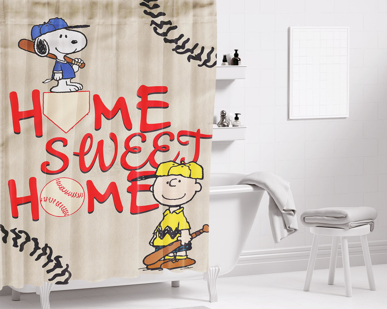 Home Sweet Home Snoopy Baseball Bathroom Shower Curtain Fabric Waterproof | 66 X 72 Inch