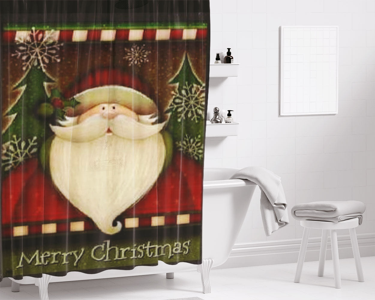 Merry Christmas Santa Bathroom Shower Curtain Fabric Waterproof | 66 X 72 Inch
