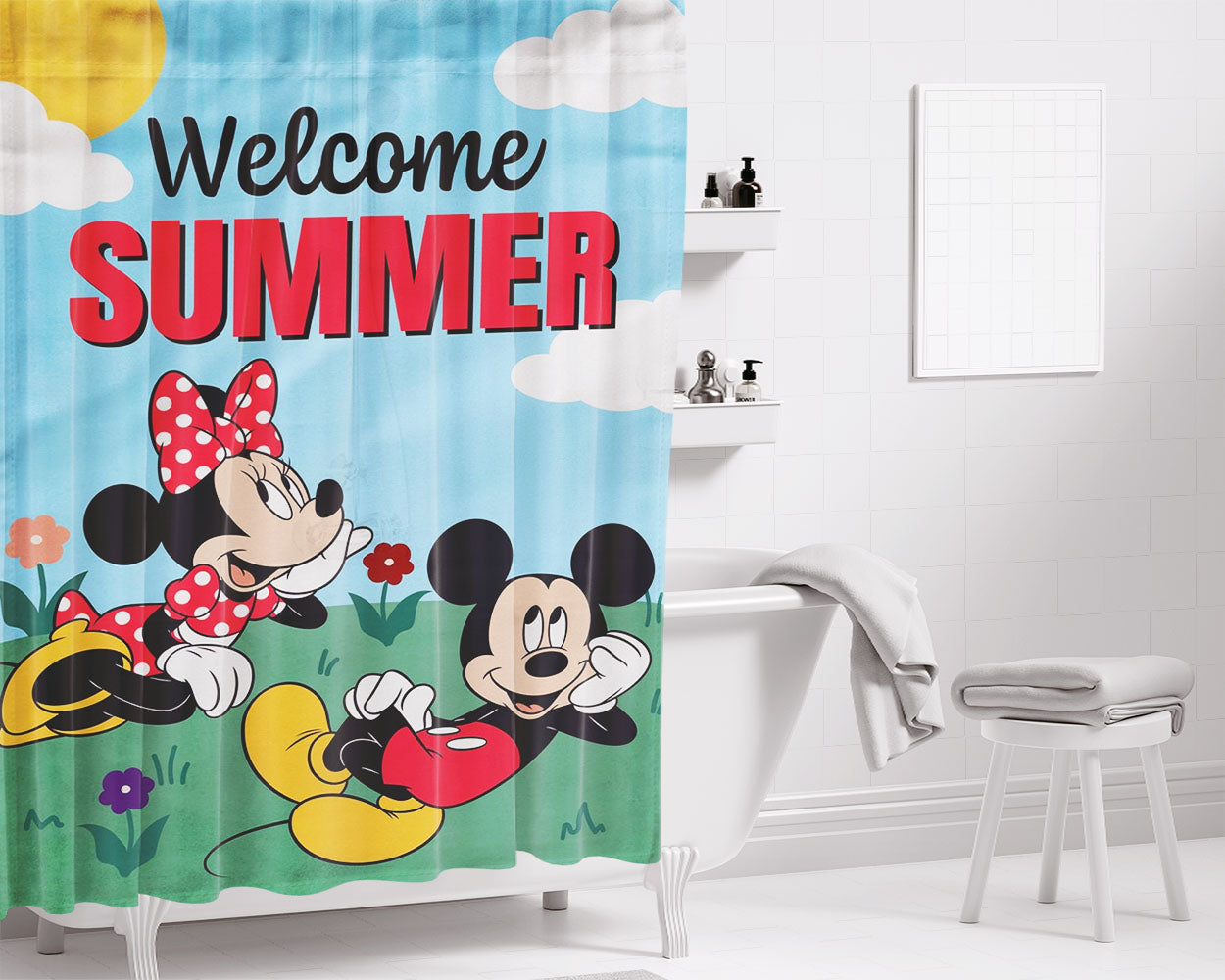 Mickey And Minnie Summer Bathroom Shower Curtain Fabric Waterproof | 66 X 72 Inch