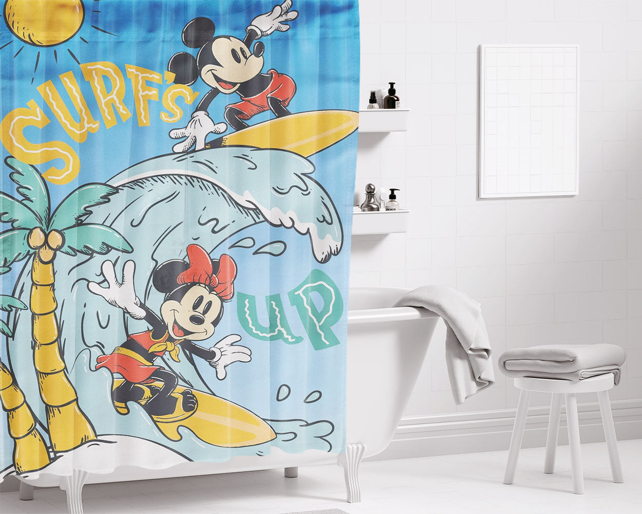 Mickey Mouse And Minnie Mouse Summer Bathroom Shower Curtain Fabric Waterproof | 66 X 72 Inch