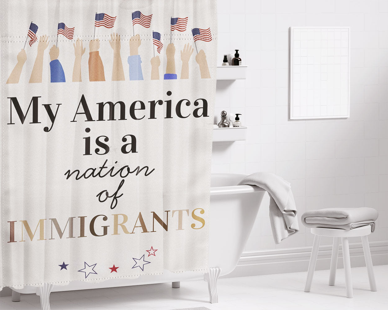 Nation Of Immigrants Bathroom Shower Curtain Fabric Waterproof | 66 X 72 Inch