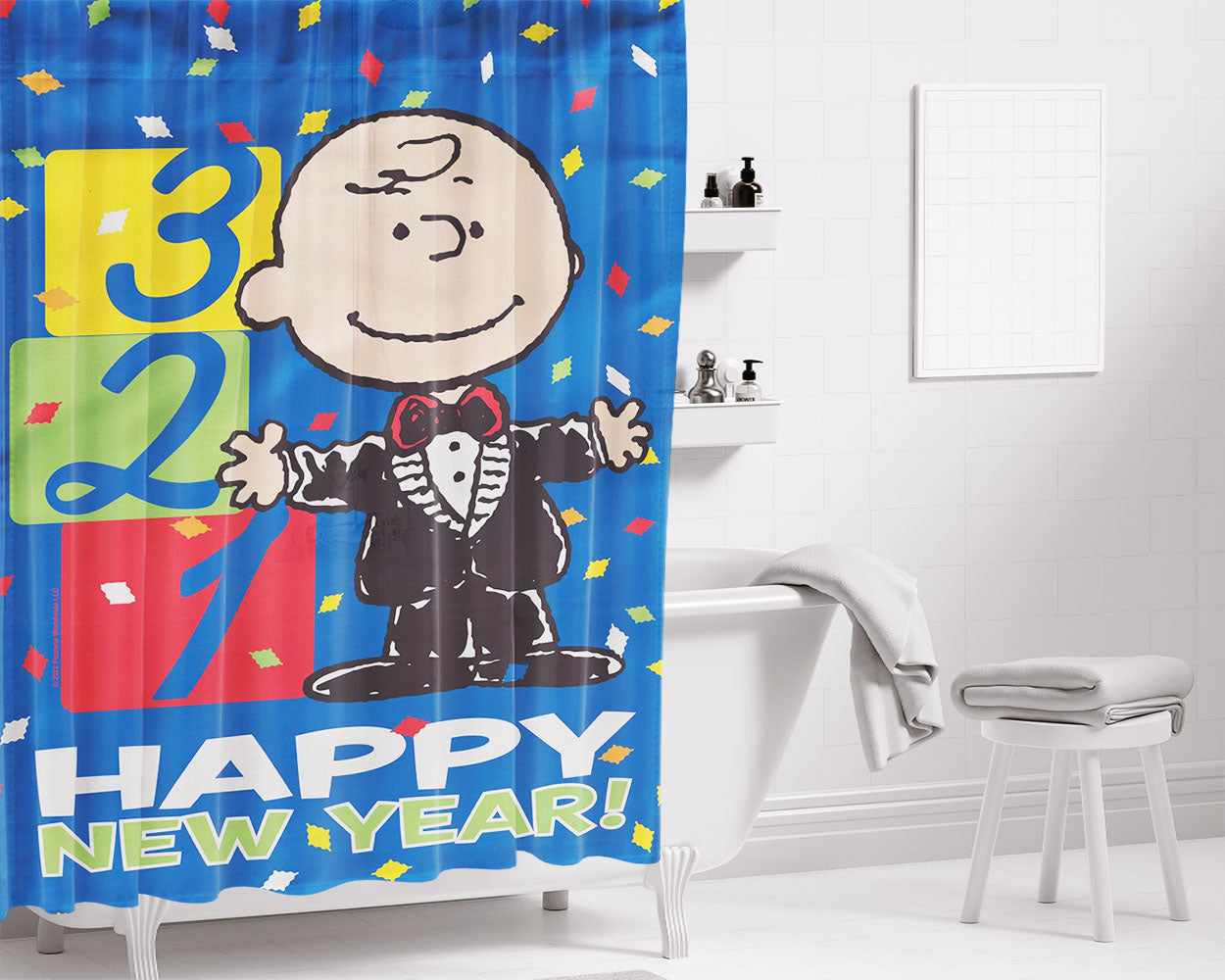 New Years Charlie Brown Bathroom Shower Curtain Fabric Waterproof | 66 X 72 Inch