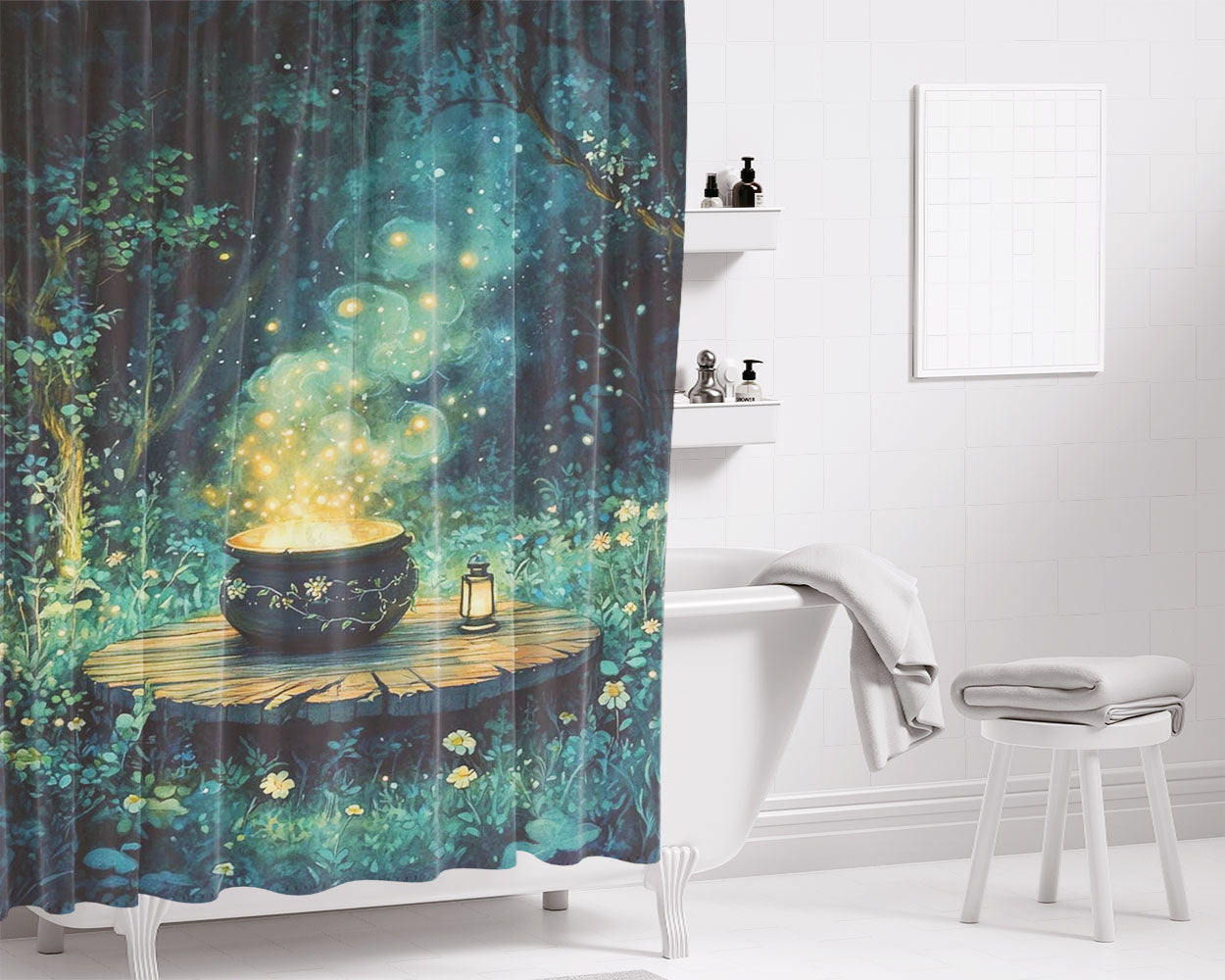 Night Forest Magic Cauldron Bathroom Shower Curtain Fabric Waterproof | 66 X 72 Inch