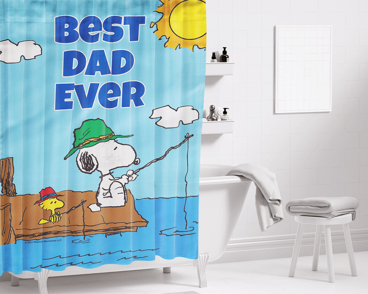 Peanuts Best Dad Ever Gone Fishing Snoopy Bathroom Shower Curtain Fabric Waterproof | 66 X 72 Inch