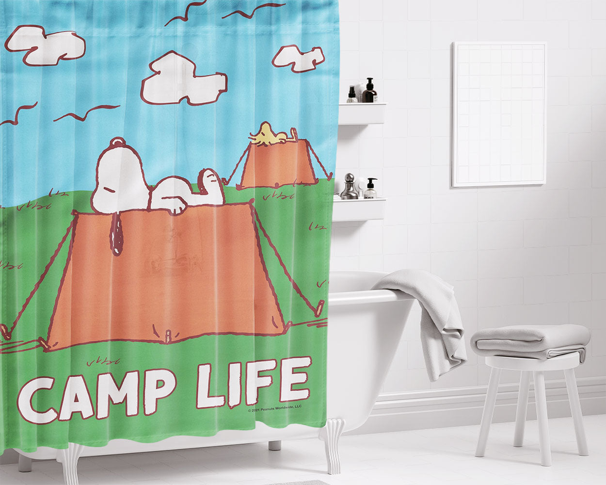 Peanuts Camp Life Snoopy Bathroom Shower Curtain Fabric Waterproof | 66 X 72 Inch