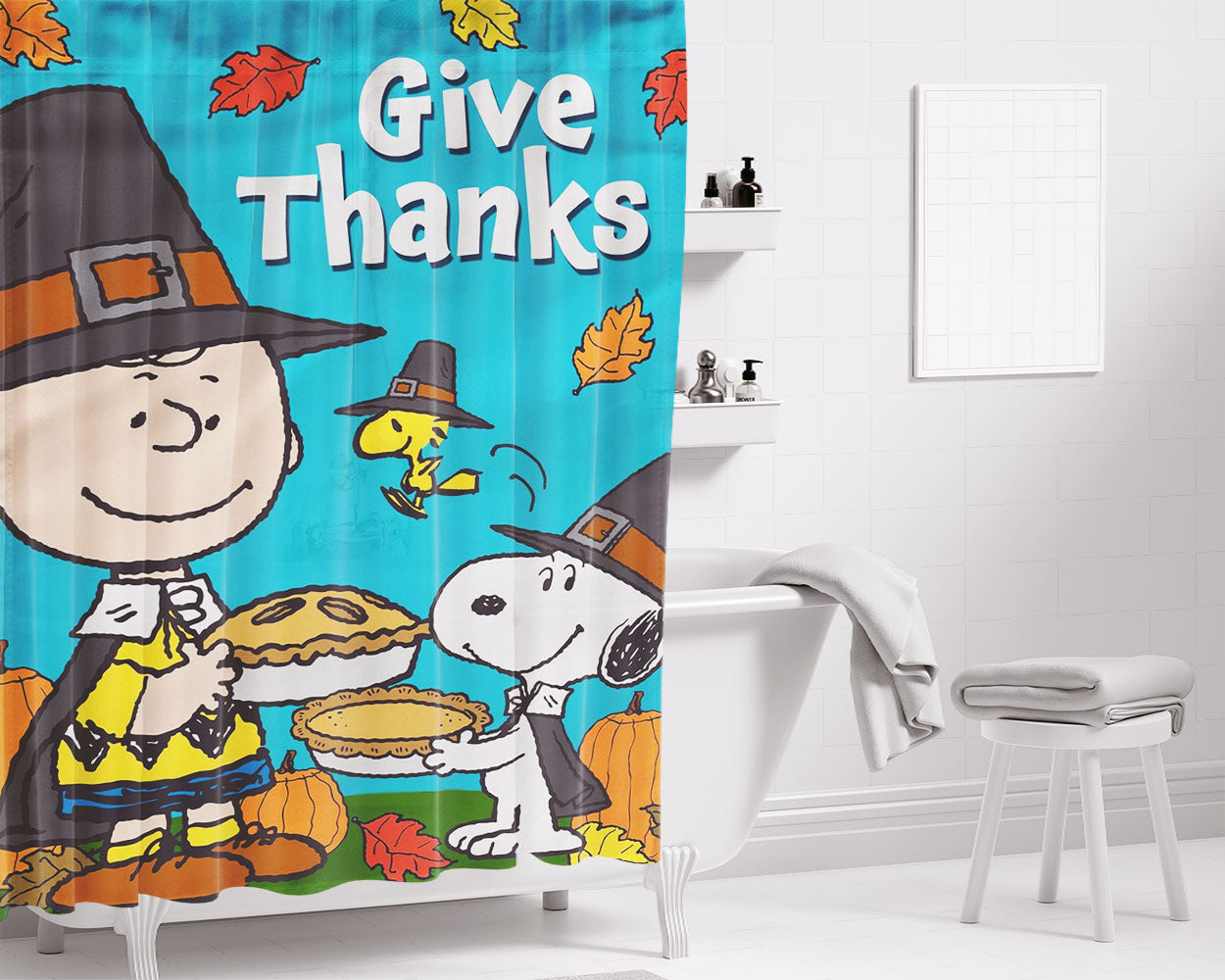 Peanuts Charlie Brown And Snoopy Thanksgiving Bathroom Shower Curtain Fabric Waterproof | 66 X 72 Inch