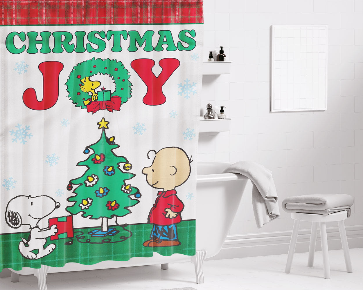 Peanuts Christmas Joy Bathroom Shower Curtain Fabric Waterproof | 66 X 72 Inch