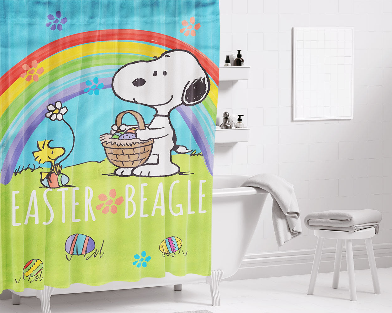 Peanuts Easter Beagle Snoopy Bathroom Shower Curtain Fabric Waterproof | 66 X 72 Inch