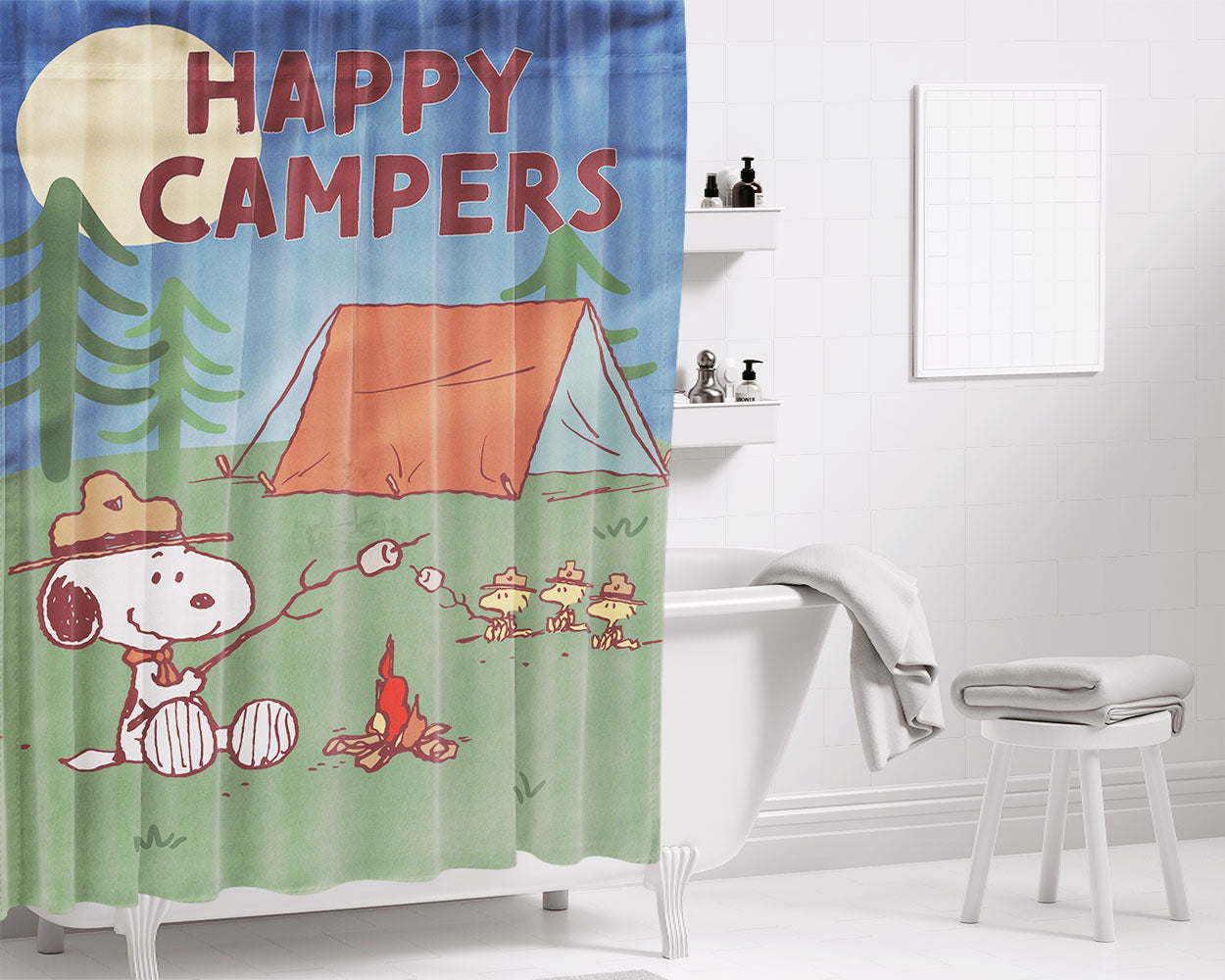 Peanuts Happy Camper S'Mores Bathroom Shower Curtain Fabric Waterproof | 66 X 72 Inch