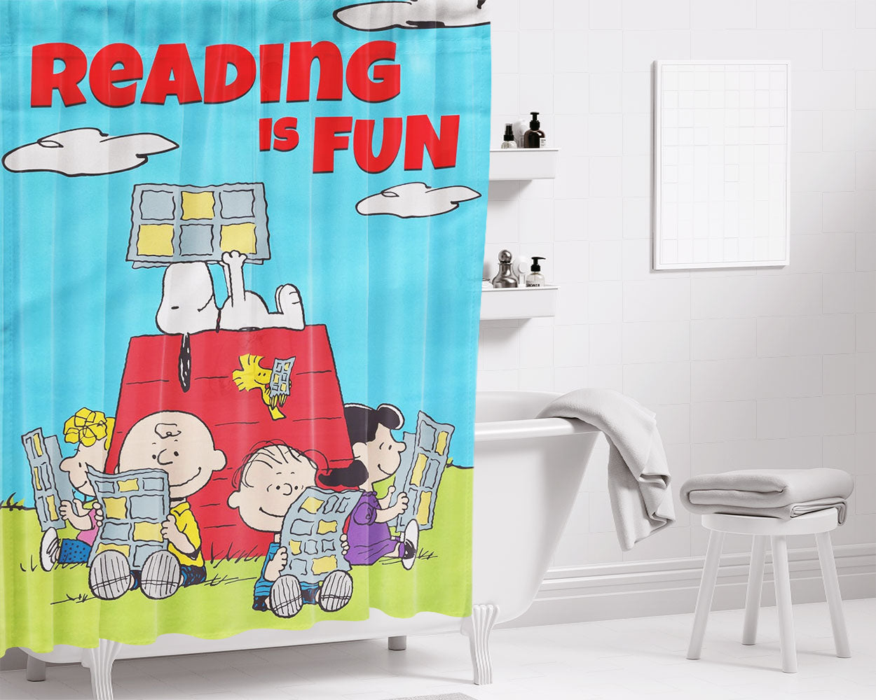 Peanuts Reading Is Fun Bathroom Shower Curtain Fabric Waterproof | 66 X 72 Inch