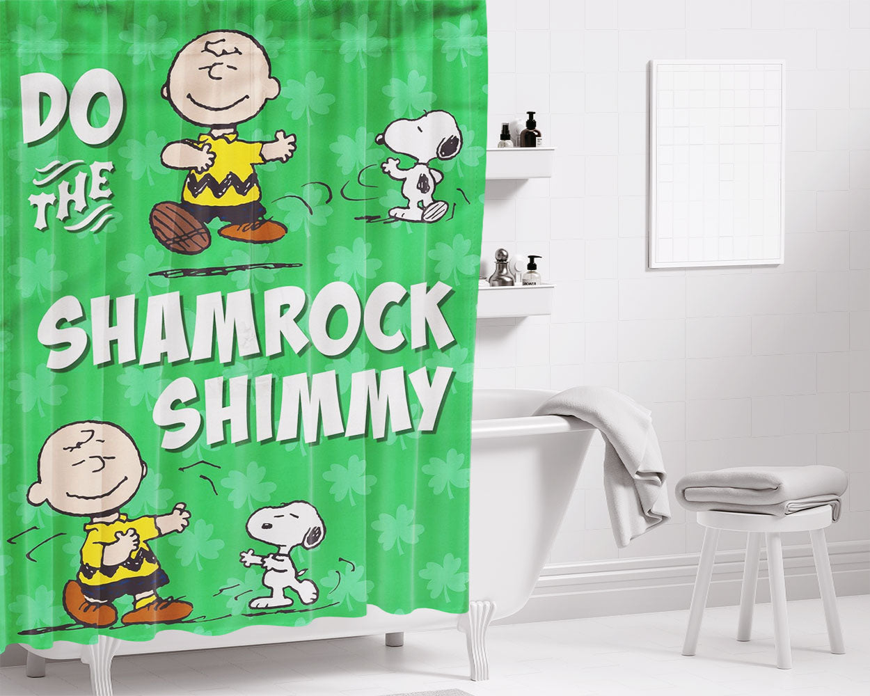 Peanuts Snoopy And Charlie Brown Shamrock Bathroom Shower Curtain Fabric Waterproof | 66 X 72 Inch