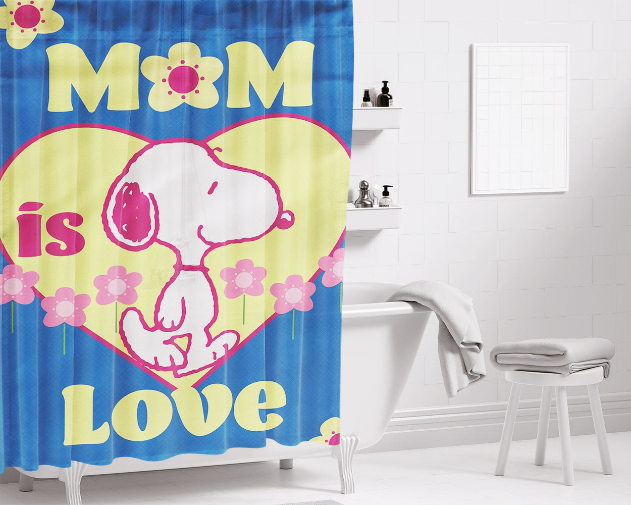 Peanuts Snoopy Mom Love Bathroom Shower Curtain Fabric Waterproof | 66 X 72 Inch