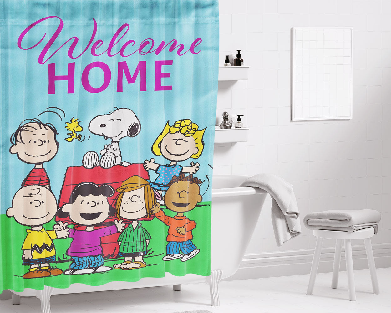Peanuts Welcome Home Gang Bathroom Shower Curtain Fabric Waterproof | 66 X 72 Inch