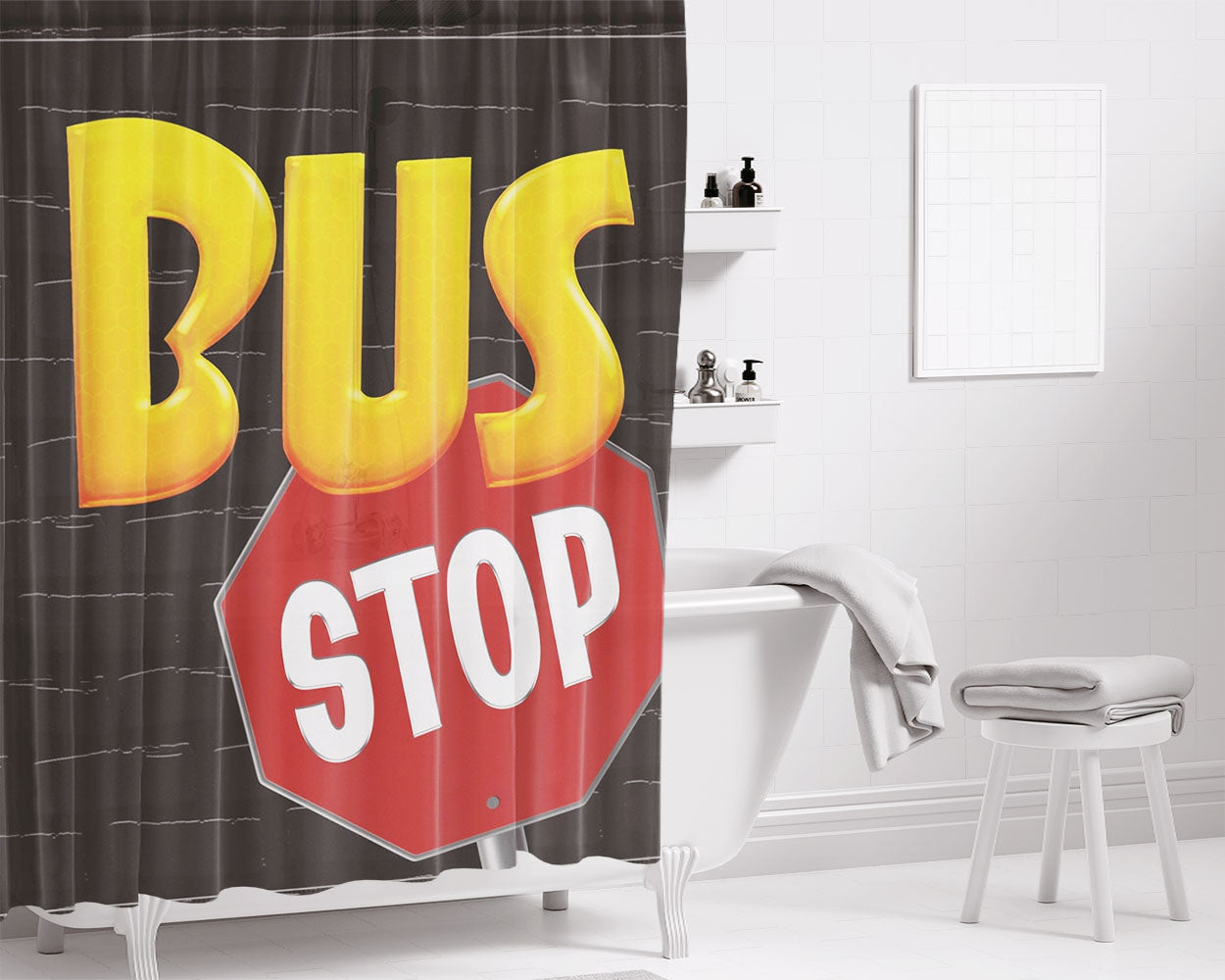 School Bus Stop Bathroom Shower Curtain Fabric Waterproof | 66 X 72 Inch