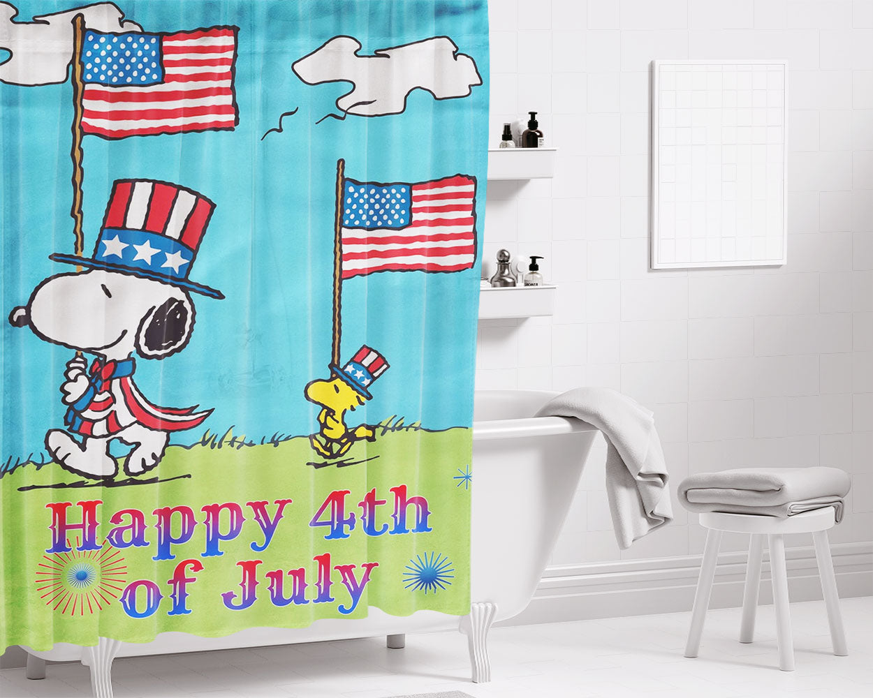 Snoopy Patriotic July 4Th Bathroom Shower Curtain Fabric Waterproof | 66 X 72 Inch