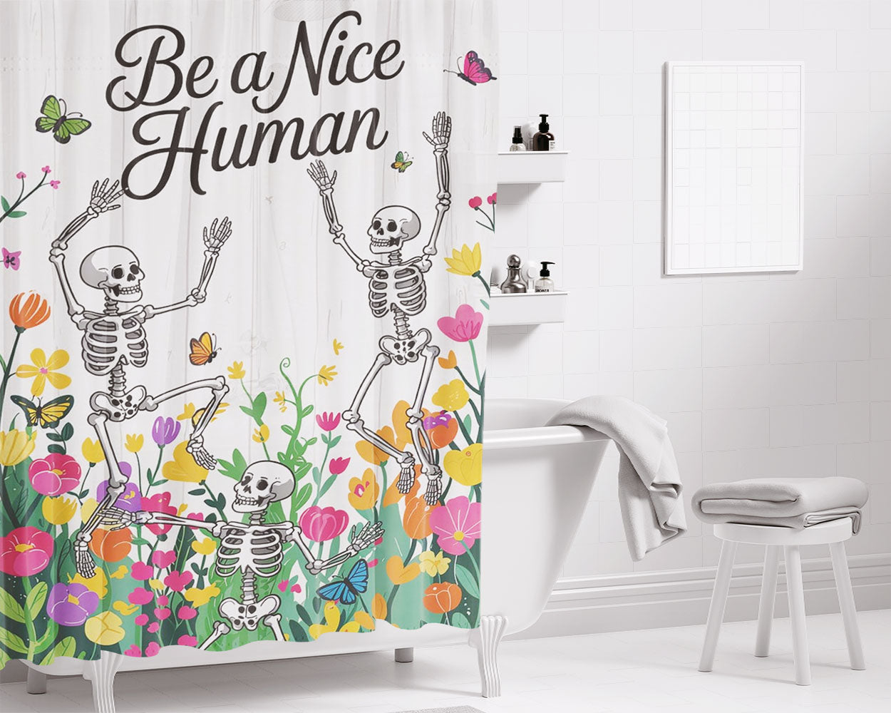 Summer Floral Skeletons Bathroom Shower Curtain Fabric Waterproof | 66 X 72 Inch