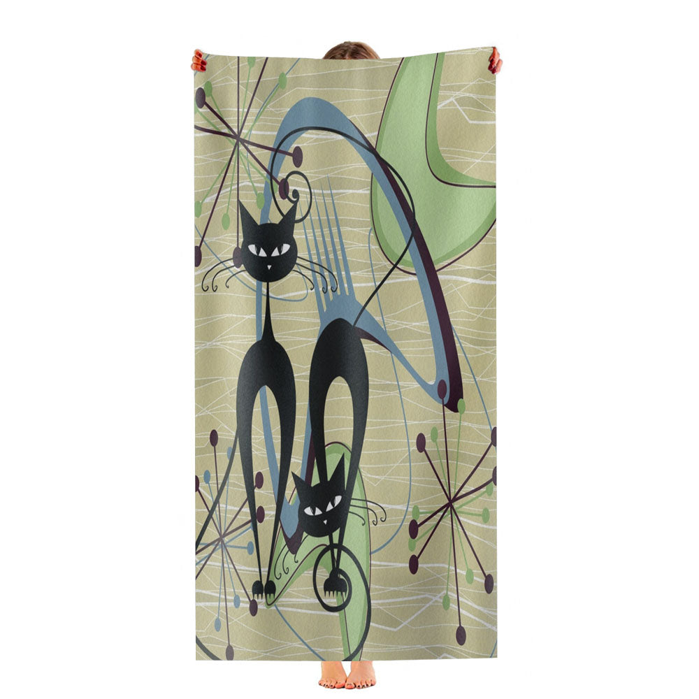 50S Retro Vintage Mid Mod Atomic Kitschy Cats Ultra-Soft Luxury Bathroom Towels