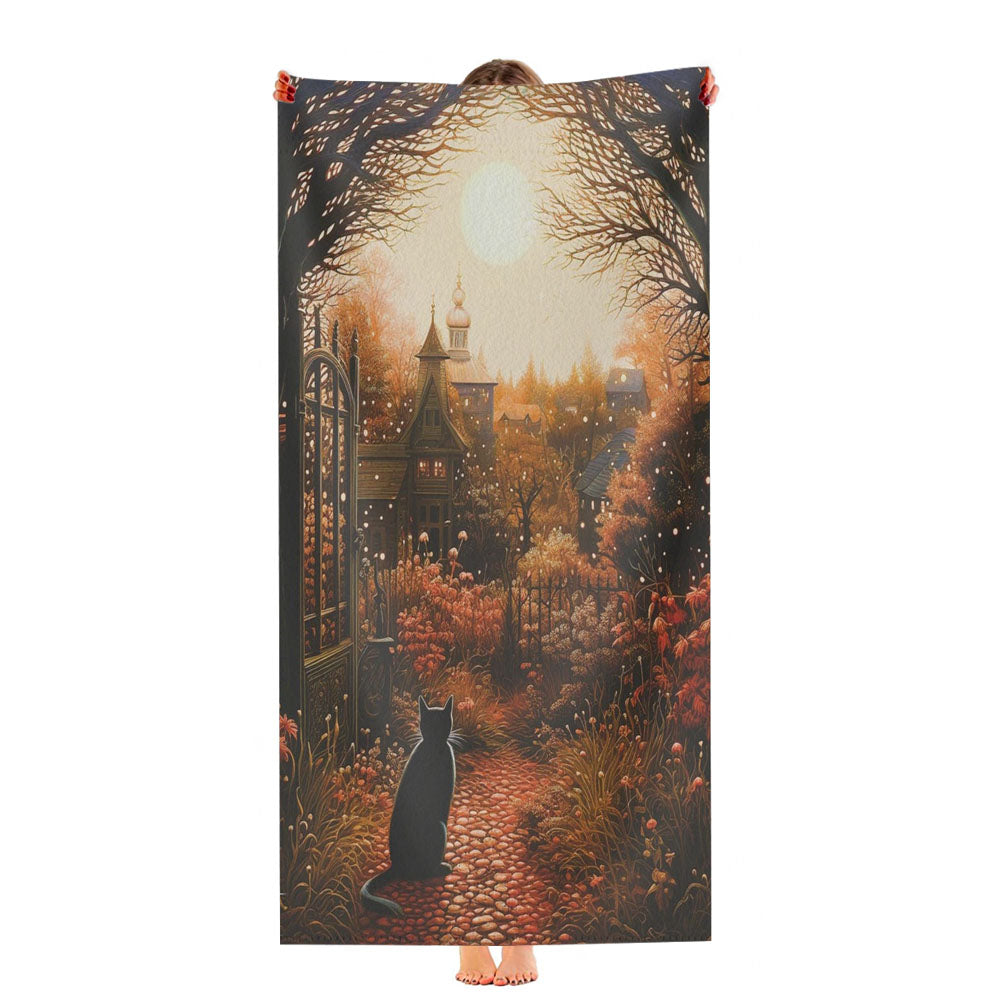 Autumn Twilight Black Cat Full Moon Ultra-Soft Luxury Bathroom Towels