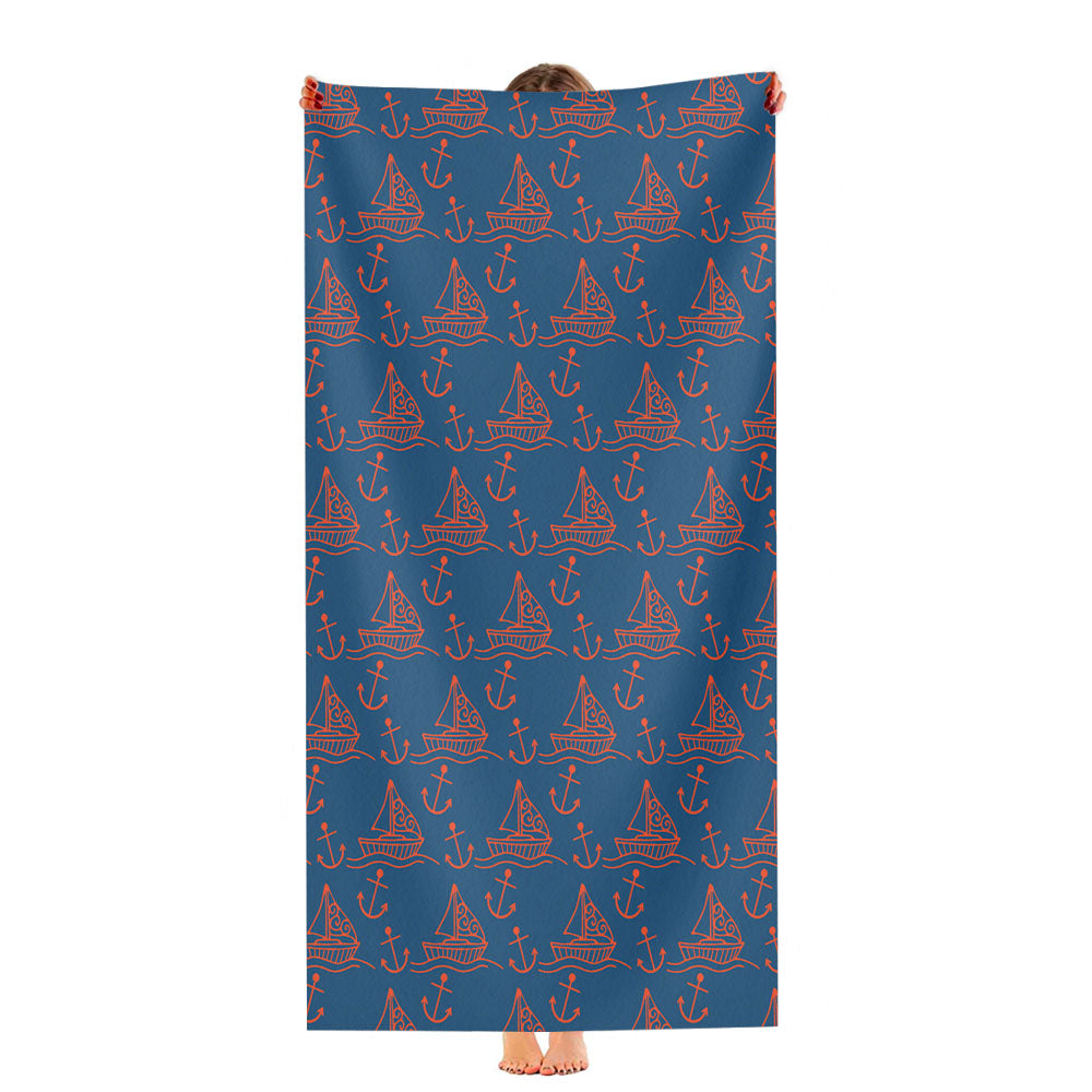 Blue Peach Sailor Ship Pattern Ultra-Soft Luxury Bathroom Towels