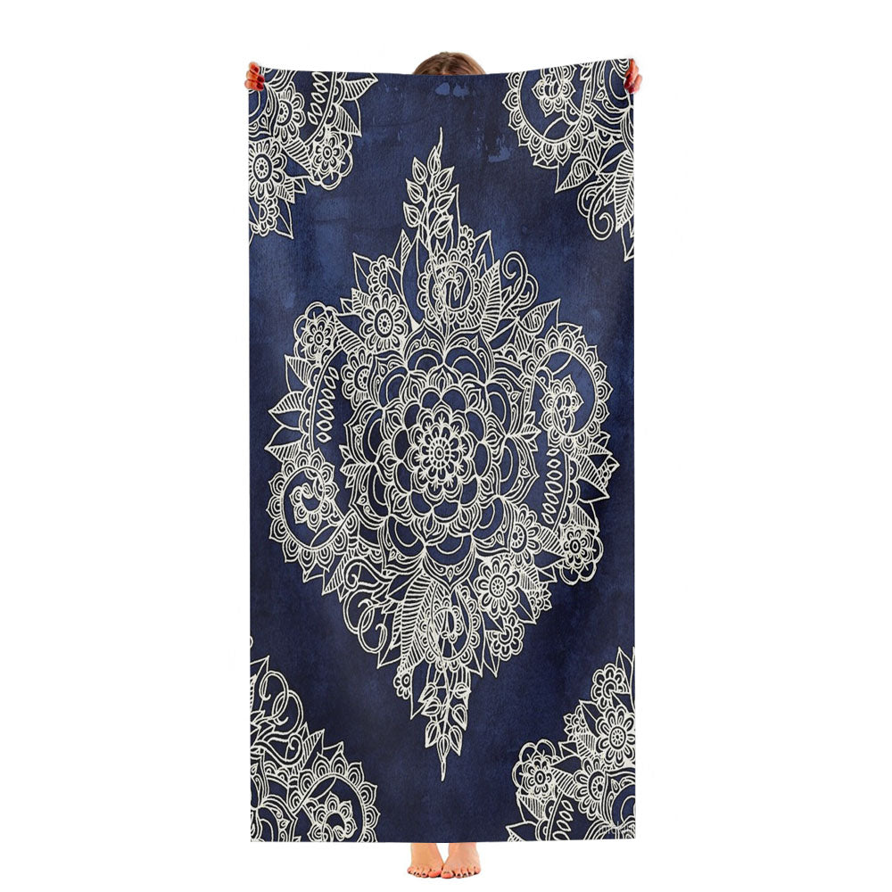 Cream Floral Moroccan Pattern On Deep Indigo Ink Ultra-Soft Luxury Bathroom Towels