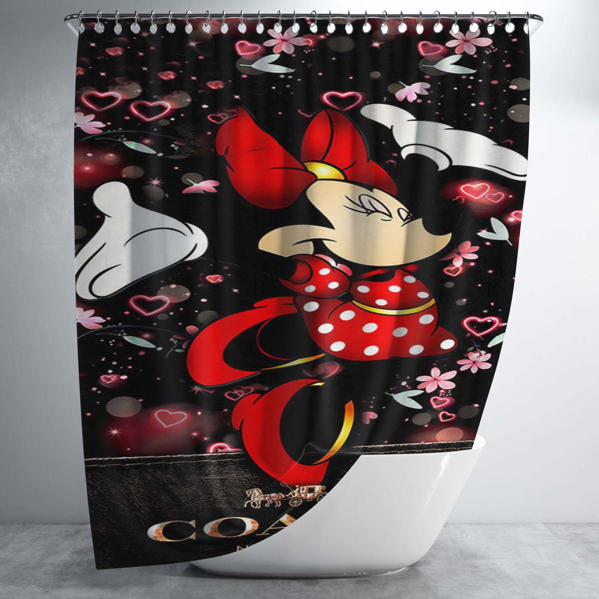 Happy Minni Mouse Coach Flowers Bathroom Shower Curtain Fabric Waterproof | 66 X 72 Inch
