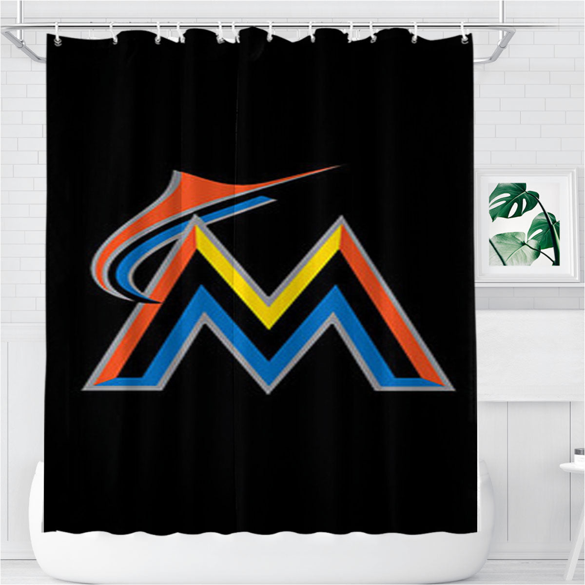 Miami Marlins Baseball Logo Black Bathroom Shower Curtain Fabric Waterproof | 66 X 72 Inch
