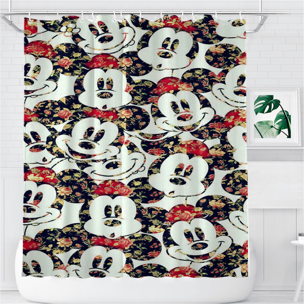 Micky Mouse Flower Bathroom Shower Curtain Fabric Waterproof | 66 X 72 Inch