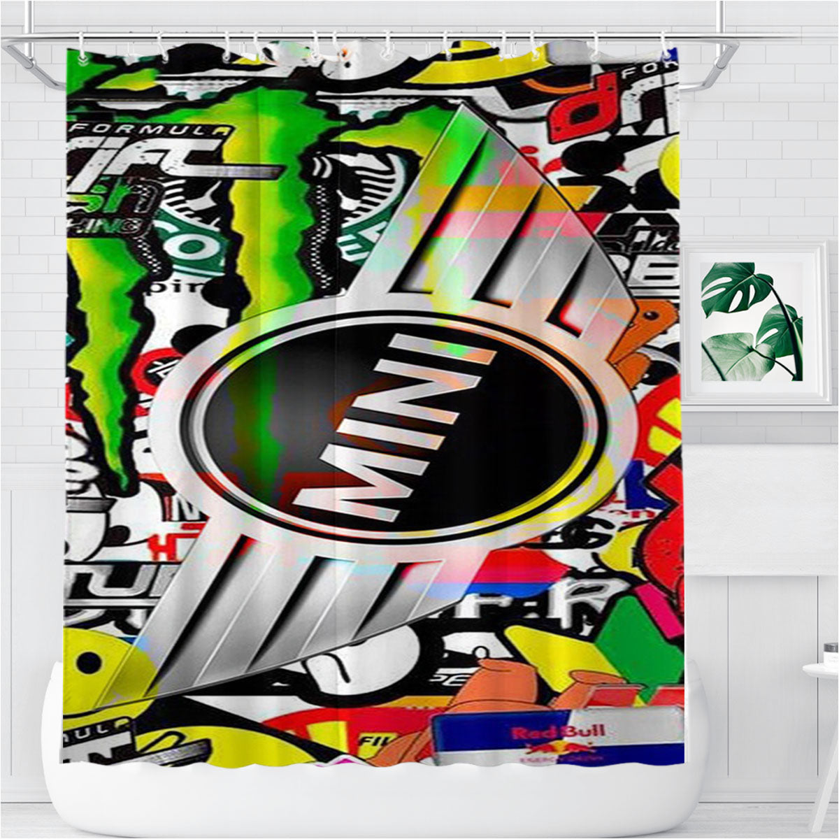 Mini Cooper Sticker Bomb Bathroom Shower Curtain Fabric Waterproof | 66 X 72 Inch