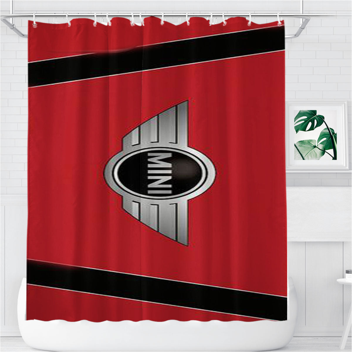 Mini Cooper Strips Chili Red Bathroom Shower Curtain Fabric Waterproof | 66 X 72 Inch