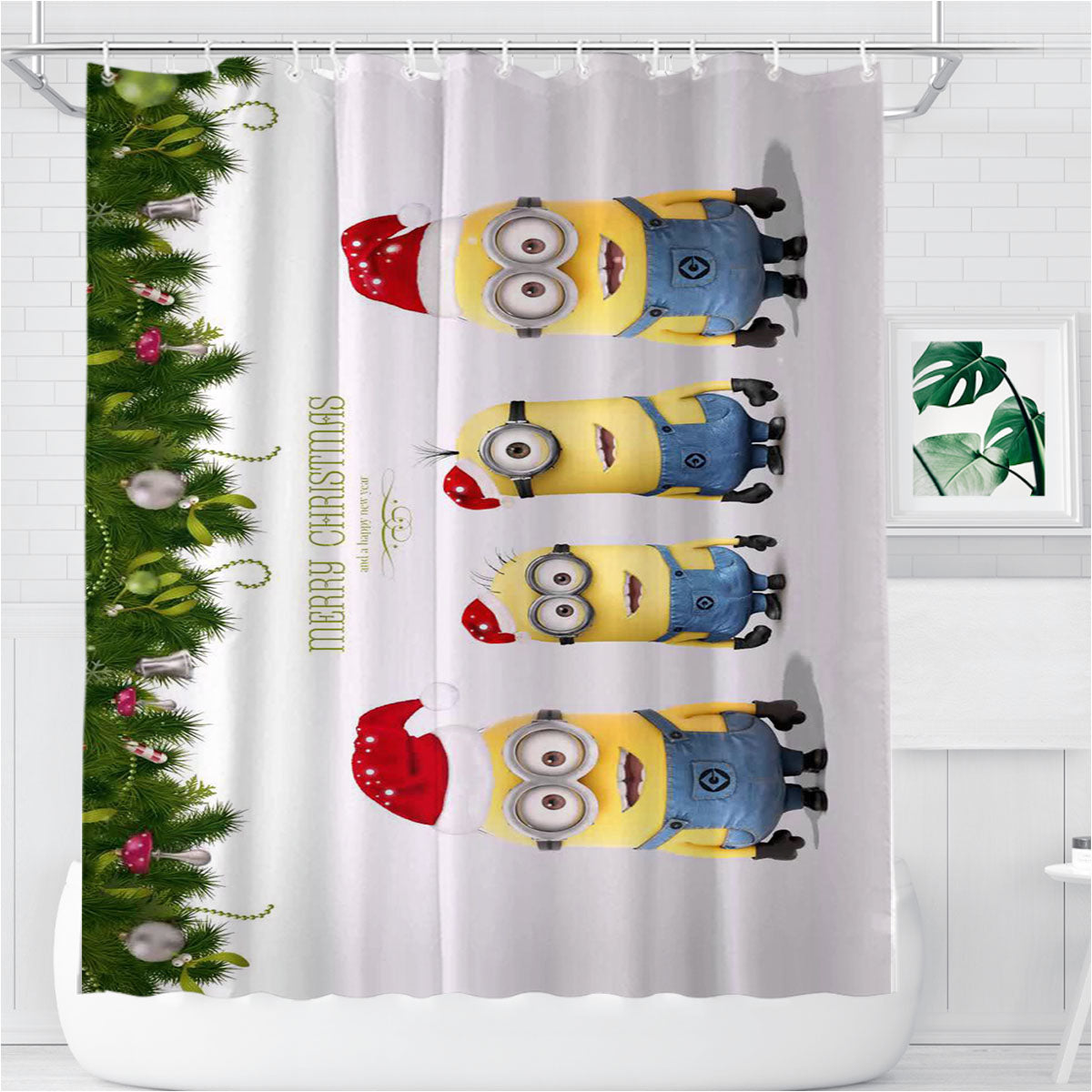 Minions Christmas Bathroom Shower Curtain Fabric Waterproof | 66 X 72 Inch