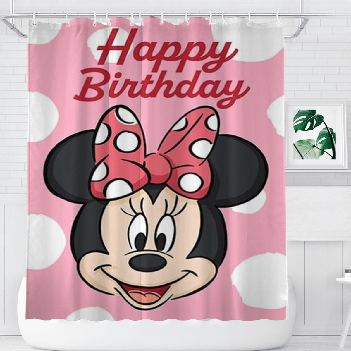 Minnie Mouse Happy Birthday Bathroom Shower Curtain Fabric Waterproof | 66 X 72 Inch
