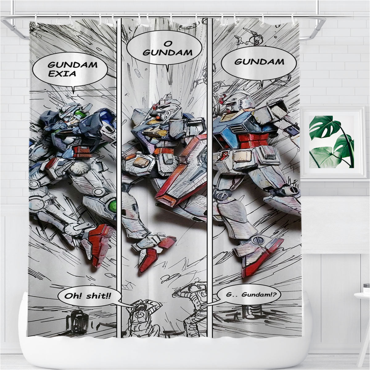 Mobile Suit Gundam Manga Color Sketch Style Bathroom Shower Curtain Fabric Waterproof | 66 X 72 Inch