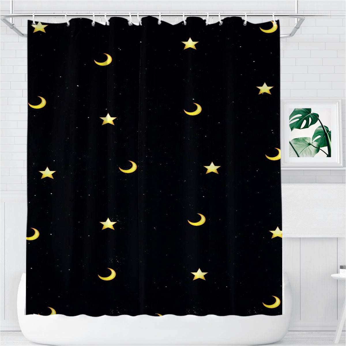 Moon And Star Pattern Bathroom Shower Curtain Fabric Waterproof | 66 X 72 Inch