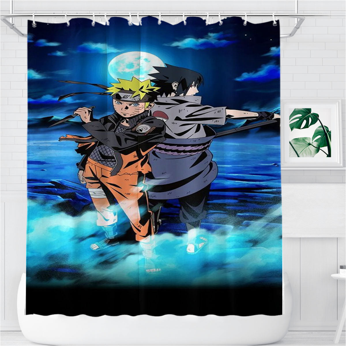 Naruto X Sasuke Fight Under Blue Moon Bathroom Shower Curtain Fabric Waterproof | 66 X 72 Inch