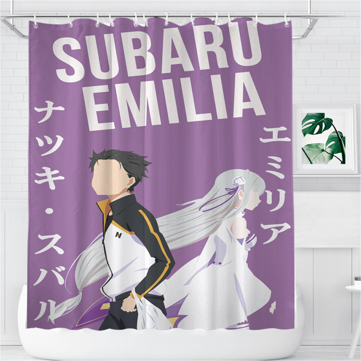 Natsuki Subaru Emilia Re-Zero Anime Bathroom Shower Curtain Fabric Waterproof | 66 X 72 Inch