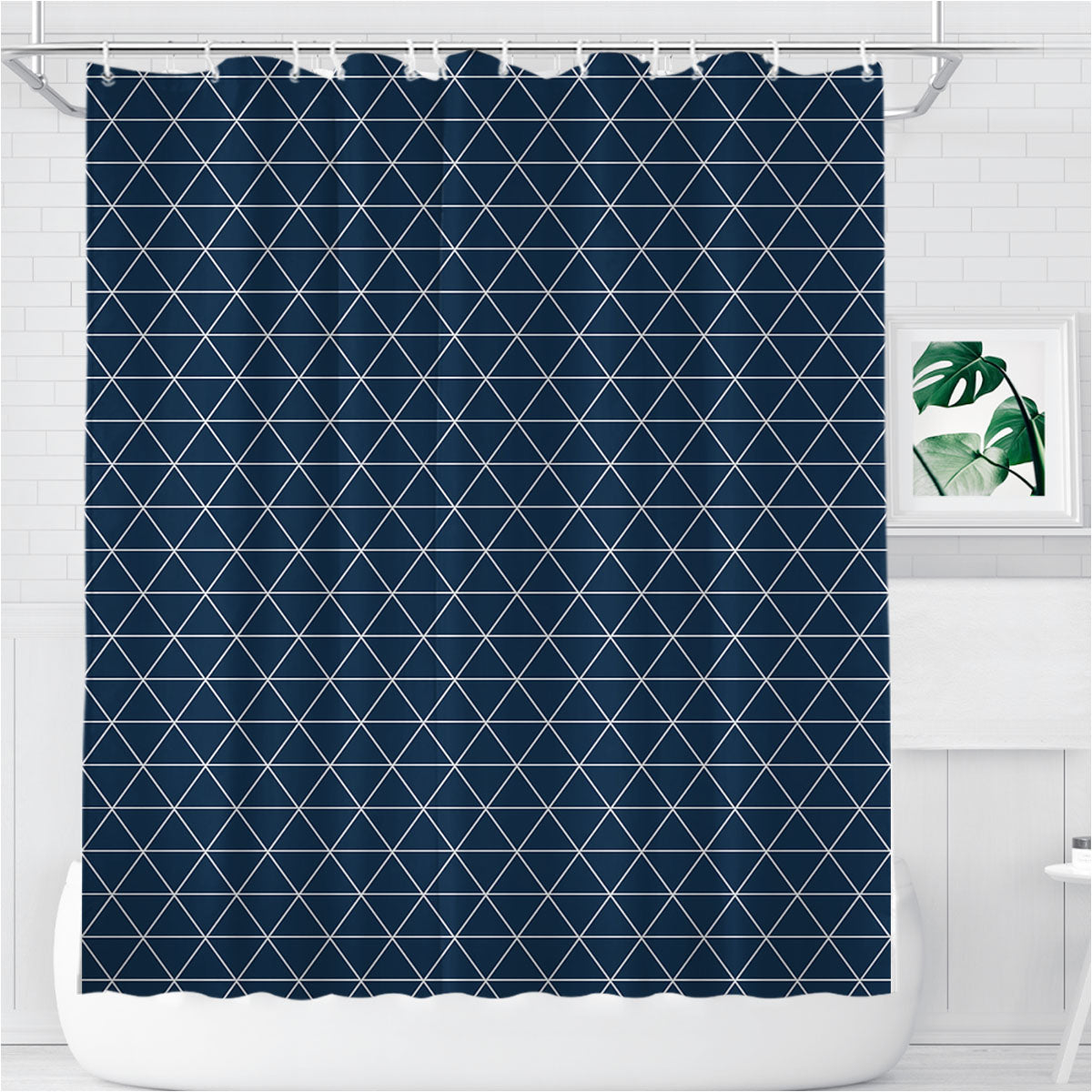 Navy White Geometric Triangle Pattern Bathroom Shower Curtain Fabric Waterproof | 66 X 72 Inch