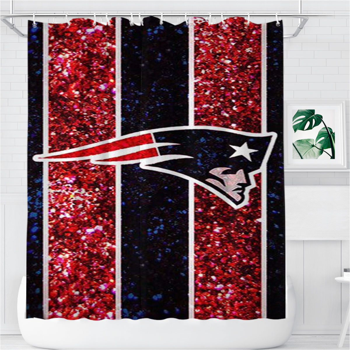 New England Patriots Nfl Logo Glitter Bathroom Shower Curtain Fabric Waterproof | 66 X 72 Inch
