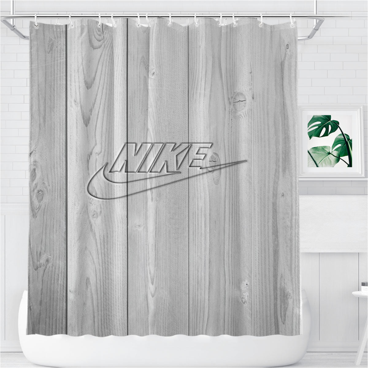 Nike Embossed Logo White Wood Bathroom Shower Curtain Fabric Waterproof | 66 X 72 Inch